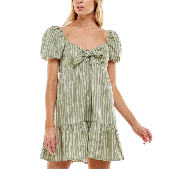 Speechless Women Juniors Striped Peplum Hem Puffed Sleeve Mini Dress Green Large - Picture 2 of 8